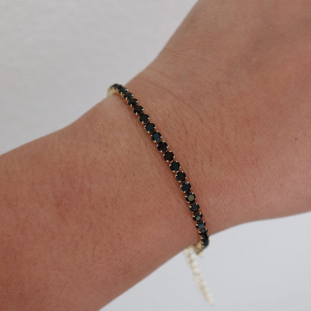 Jet Black Cz Diamond Tennis Chain Bracelet 18k Gold Plated Stainless Steel